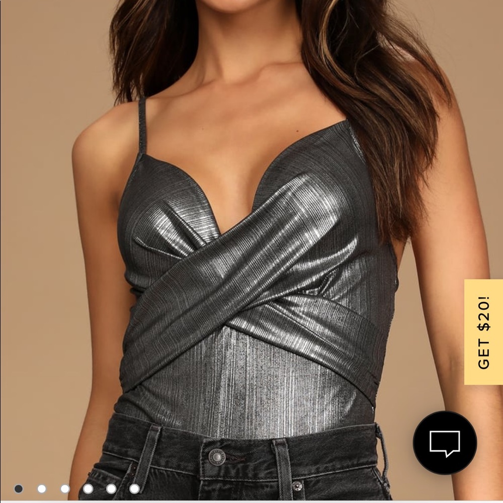 NWT Lulu’s Club Nights Grey Metallic Cross Front Bodysuit